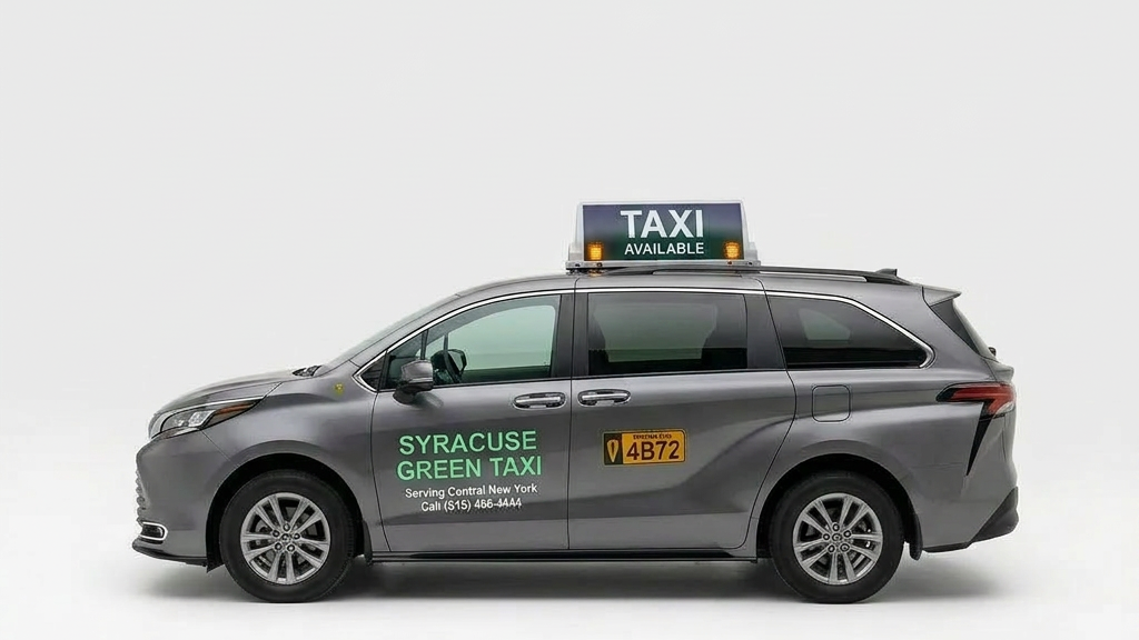 Yellow suburban taxi van labeled Suburban Taxi Co. driving on residential street